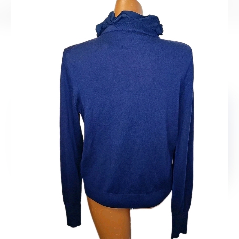 J Crew Merino Wool Ruffled Mockneck Cardigan Fitted Sweater Slim Large Navy Nwt - Picture 9 of 16